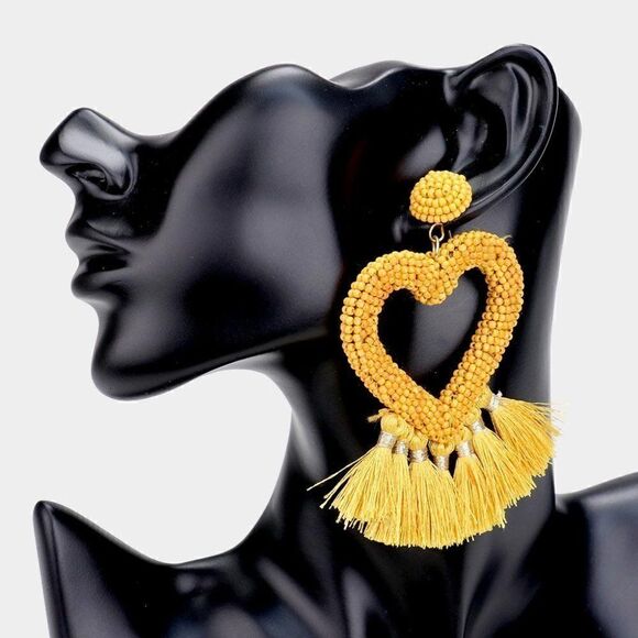 Seed Bead Heart Yellow Tassel Earrings - Picture 1 of 6